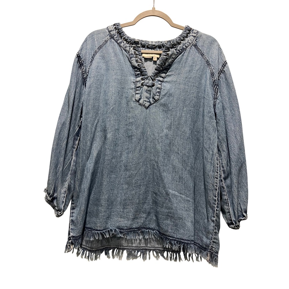 TRU LUXE JEANS Denim Tunic Shirt Distressed Fringed Lace Up V Neck Women S